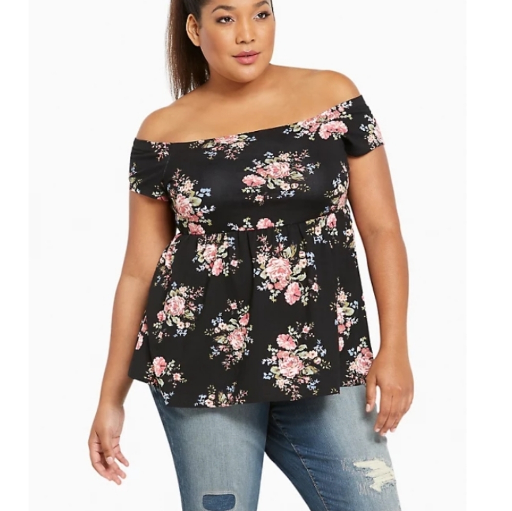 Torrid Floral Print Off Shoulder Babydoll Top Sz 1